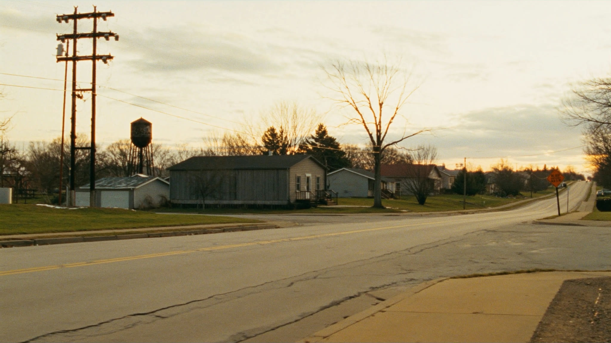 A quiet stretch of small-town rural Ohio at dusk